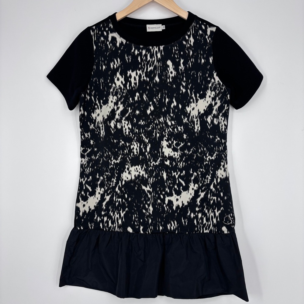 Moncler Abito Flounce Mini Dress Womens M Black Abstract Print Ruffle Drop Waist